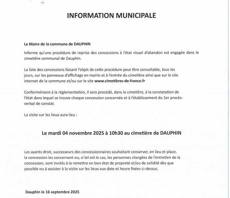 INFORMATION PROCEDURE DE REPRISE CONCESSIONS