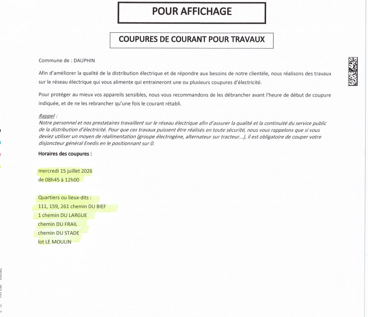 COUPURE ELECTRICITE 15 JUILLET 2026