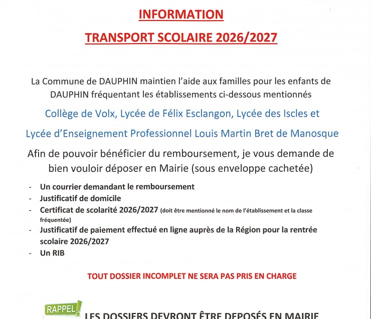 INFORMATION TRANSPORT SCOLAIRE 2026-2027