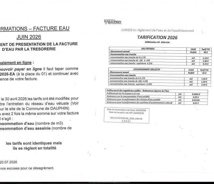 INFORMATION PAIEMENT FACTURE EAU JUIN 2026