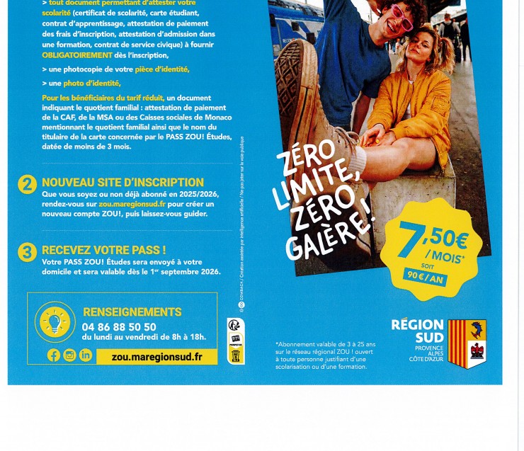 INFORMATION CARTE ZOU 2026/2027