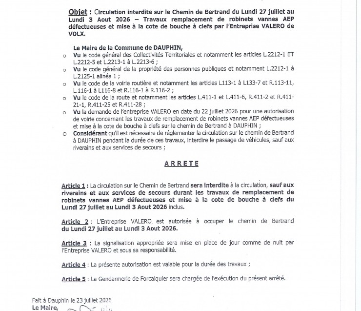 ARRETE DE VOIRIE CHEMIN DE BERTRAND