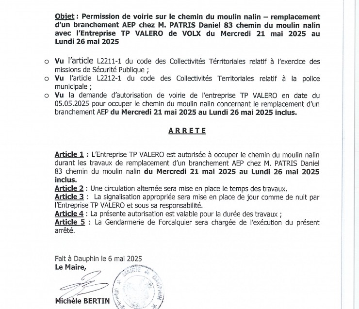 ARRETE TEMPORAIRE -TRAVAUX RESEAU EAU 